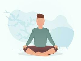 un' uomo è seduta e fare yoga. meditazione. cartone animato stile. vettore