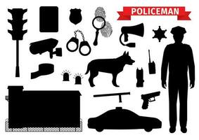 poliziotto attrezzatura, polizia silhouette icone vettore
