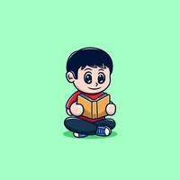 carino ragazzo lettura libro cartone animato vettore