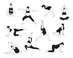incinta donna fare yoga esercizio. diverso asana per Salute e corpo rilassamento. mano disegnato illustrazione isolato su bianca sfondo. vettore