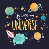 Universo carino con pianeti e scritte con citazione vettore