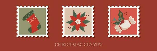mano disegnato collezione di Natale affrancatura francobolli nel retrò stile vettore