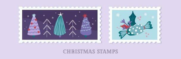 mano disegnato collezione di Natale affrancatura francobolli nel cartone animato stile vettore