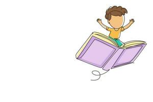 disegno continuo di una linea felice sorridente bambino in età prescolare ragazzo che vola su un grande libro aperto. bambini che guidano un libro volante magico. concetto di potere della conoscenza. illustrazione grafica vettoriale di disegno a linea singola