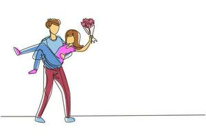 unico uomo di disegno a tratteggio che tiene una donna e fa proposta di matrimonio con bouquet. ragazzo innamorato che regala fiori. coppia felice che si prepara per il matrimonio. vettore grafico di disegno di linea continua
