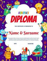 bambini diploma, cartone animato meccanico robot personaggi vettore