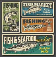 pesca attrezzatura negozio, frutti di mare e pesce mercato vettore
