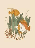 mare pesce e subacqueo pianta vettore illustrazione. acquario Vintage ▾ manifesto. marino vita Stampa