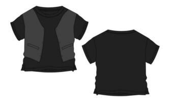 bambino ragazzi t camicia tecnico disegno moda piatto schizzo vettore illustrazione nero colore modello davanti e indietro visualizzazioni. abbigliamento design finto su per bambini isolato su bianca sfondo