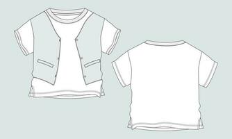 bambino ragazzi t camicia tecnico disegno moda piatto schizzo vettore illustrazione modello davanti e indietro visualizzazioni. abbigliamento design finto su per bambini isolato su grigio sfondo