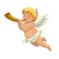 Cupido angelo o amur personaggio soffiaggio corno vettore