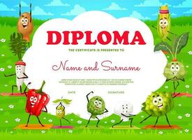 bambini diploma, cartone animato divertente verdure su yoga vettore