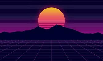 vaporwave futuristico anni 80 paesaggio e sole su sfondo con 3d griglia vettore