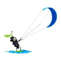 cartone animato uccello ciliegia personaggio su kitesurf sport vettore