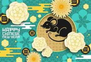 zodiaco ratto con Cinese nuovo anno papercut fiori vettore