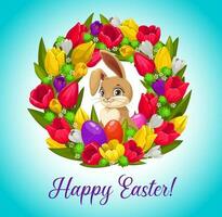 contento Pasqua carta con coniglietto dentro fiore ghirlanda vettore