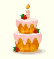 compleanno torta con candela e fragole vettore isolato illustrazione. Due strati torta con rosa glassatura.