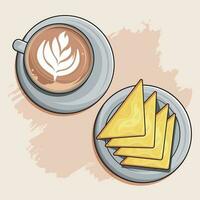 superiore piatto Visualizza a uno tazza di cappuccino e crostini vettore illustrazione professionista Scarica