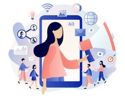 pubblicità agenzia concetto. minuscolo donna con grande megafono nel smartphone schermo. servizio annuncio, digitale marketing, mmm, all'aperto pubblicità. moderno piatto cartone animato stile. vettore illustrazione