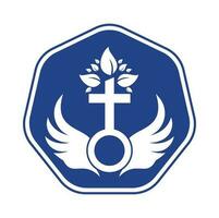 Chiesa logo. Bibbia, Gesù' attraversare e angelo Ali. Ali Chiesa albero logo design icona. vettore