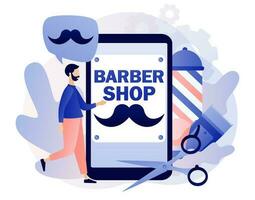 barbiere - testo su smartphone schermo. barbieri cura capelli e barba. taglio di capelli, barba Rifinitura e rasatura Servizi concetto. uomini salone. moderno piatto cartone animato stile. vettore illustrazione su bianca sfondo