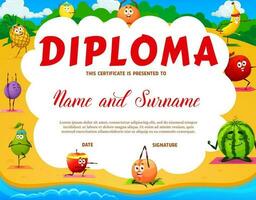 bambini yoga diploma, cartone animato frutta personaggi yoga vettore