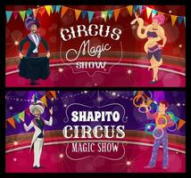 shapito circo palcoscenico, mago e giocoliere banner vettore