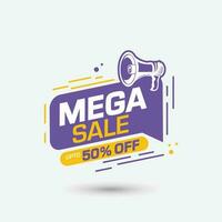 mega vendita sconto distintivo con megafono e 50 per cento via etichetta, vendita bandiera modello vettore