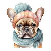 acquerello francese bulldog cucciolo con cotone cappello, e sciarpa vettore