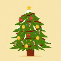 piatto stile illustrazione di un' completamente decorato Natale albero al di sopra di giallo sfondo vettore