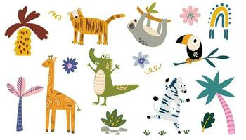 selvaggio giungla animali impostare. collezione per bambini con cartone animato divertente animali, giraffa, tigre, pigrizia, tucano, zebra, coccodrillo e tropicale fiori. per stampa su tessuto, cartoline. vettore illustrazione