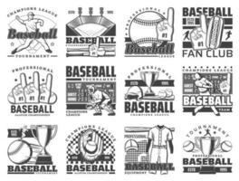 baseball sport sfera, pipistrello, stadio e giocatore icone vettore