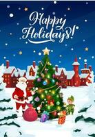 Natale albero nel neve, Santa con i regali e elfo vettore