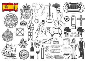 spagnolo viaggio icone. simboli, carta geografica e bandiera vettore