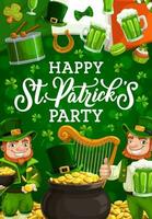 folletto, oro e irlandesi bandiera. st. patricks giorno vettore