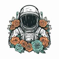 Esplorare nuovo orizzonti con un astronauta disegnato a mano logo design illustrazione. Perfetto per a tema spaziale aziende e startup vettore