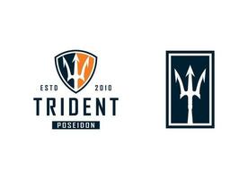 tridente Nettuno Dio poseidon tritone re shiva lancia etichetta logo design. vettore