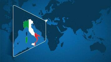 Posizione di Italia su il mondo carta geografica con allargata carta geografica di Italia con bandiera. vettore