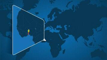 Posizione di benin su il mondo carta geografica con allargata carta geografica di benin con bandiera. vettore