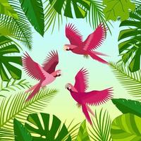 pappagalli rosa, foglie di palma verdi, composizione di foglie di giungla. illustrazione vettoriale tropicale bella estate floreale isolato. stampa di uccelli esotici.