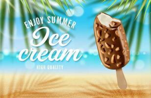 cioccolato ghiaccio crema eschimese e estate palma spiaggia vettore