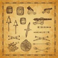 antico carta geografica cannoni e attrezzatura vettore schizzo