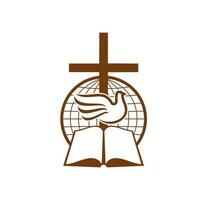 simbolo di cristianesimo con globo, Bibbia e colomba vettore