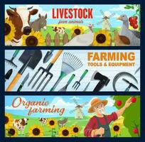 contadino, azienda agricola animale, attrezzo e attrezzatura banner vettore