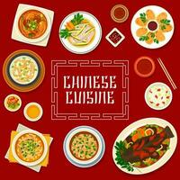 Cinese cucina cibo, ristorante menù copertina piatti vettore