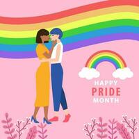 coppia di lesbica siamo nel amore con ogni Altro. baci nel davanti di il LGBTQ bandiera vettore su rosa sfondo. contento orgoglio mese illustrazione. LGBTQ concetto.