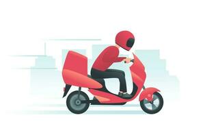 Corriere su il rosso motocicletta con città sfondo vettore