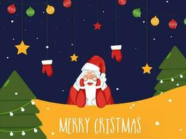 carino Santa Claus con natale albero, sospeso guanti, stelle e fronzolo ghirlande decorato su viola e giallo sfondo per allegro Natale celebrazione concetto. vettore
