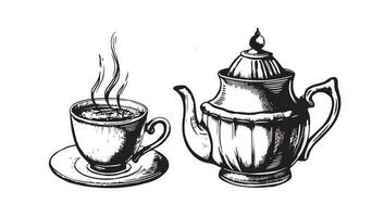 tè tazza e teiera mano disegnato, disegno isolato su bianca vettore