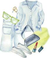 composizione di camicia, corti, Borsa, scarpe da ginnastica, occhiali da sole acquerello illustrazione isolato su bianca. donna di estate attrezzatura mano disegnato. design per negozio, saldi, rivista, confezione, vetrina, modello vettore